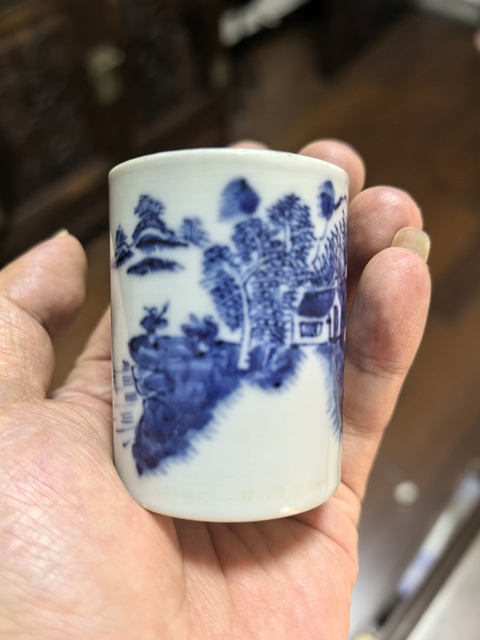 古玩陶瓷乾隆·青花山水人物紋筆筒 真品鑒賞圖