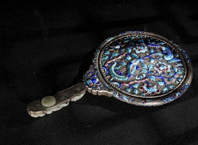 古玩玉器清·銀燒藍·玉龍鉤鳳穿牡丹手鏡真品鑒賞圖