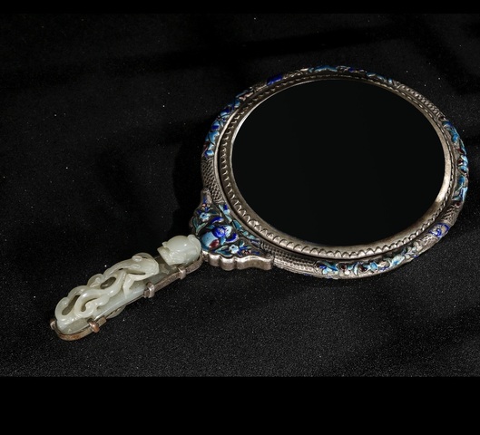 古玩玉器清·銀燒藍·玉龍鉤鳳穿牡丹手鏡真品鑒賞圖
