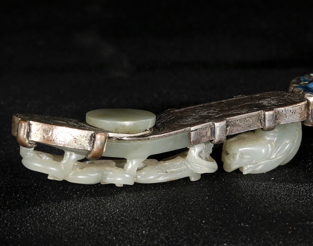 古玩玉器清·銀燒藍·玉龍鉤鳳穿牡丹手鏡真品鑒賞圖