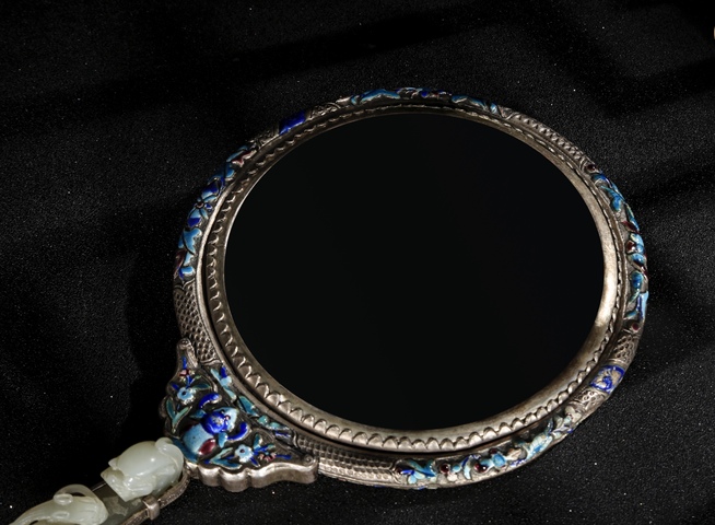 古玩玉器清·銀燒藍·玉龍鉤鳳穿牡丹手鏡真品鑒賞圖