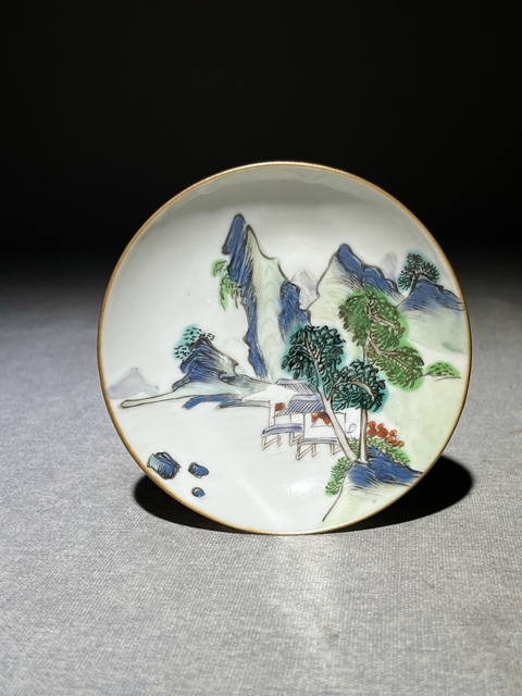 古玩陶瓷粉彩山水人物盤真品鑒賞圖