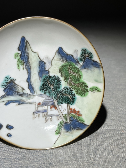 古玩陶瓷粉彩山水人物盤真品鑒賞圖
