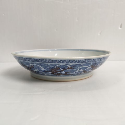 古玩陶瓷青花加礬紅九龍紋臥盤真品鑒賞圖