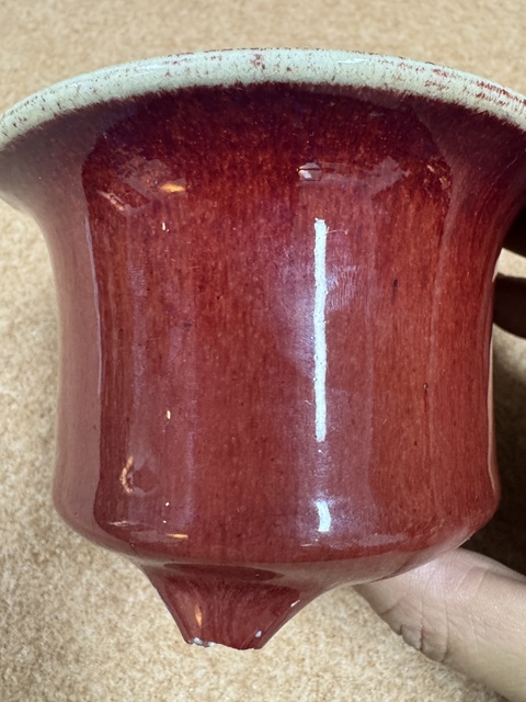 古玩陶瓷鈞紅釉三足香爐真品鑒賞圖