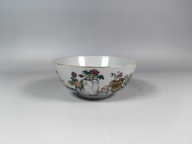 古玩陶瓷晚清民國淺降彩博古詩文碗真品鑒賞圖