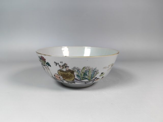 古玩陶瓷晚清民國淺降彩博古詩文碗真品鑒賞圖