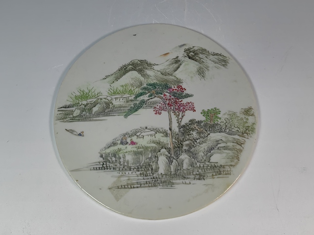 古玩陶瓷晚清淺降彩風景山水瓷板真品鑒賞圖