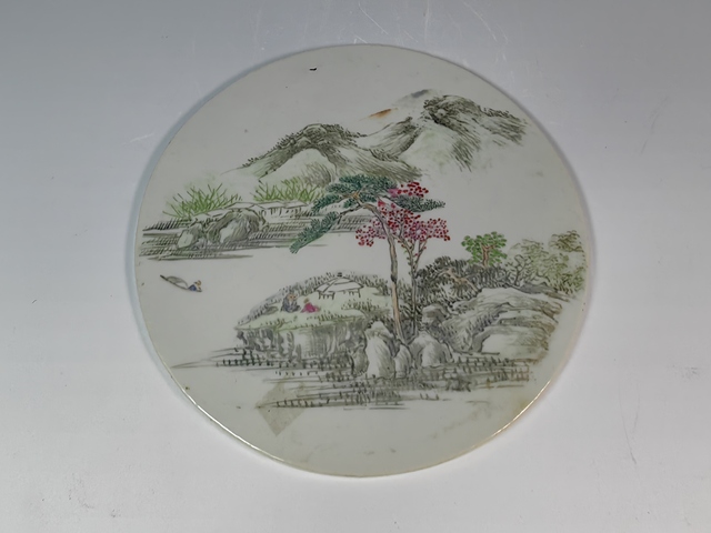 古玩陶瓷晚清淺降彩風景山水瓷板真品鑒賞圖