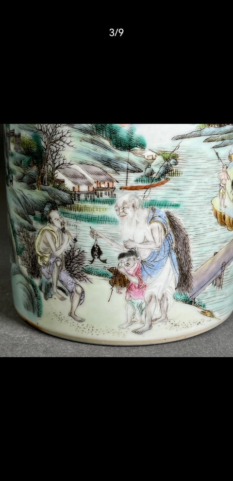 古玩陶瓷粉彩人物故事筆筒真品鑒賞圖