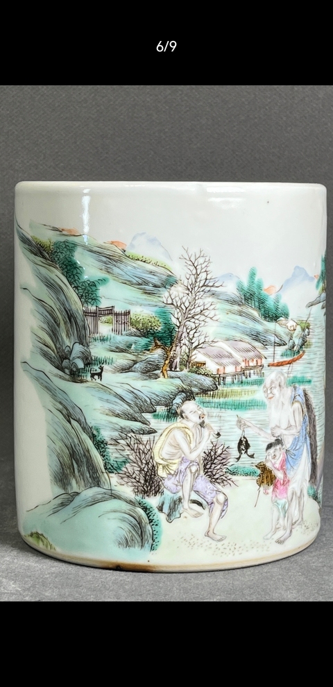 古玩陶瓷粉彩人物故事筆筒真品鑒賞圖