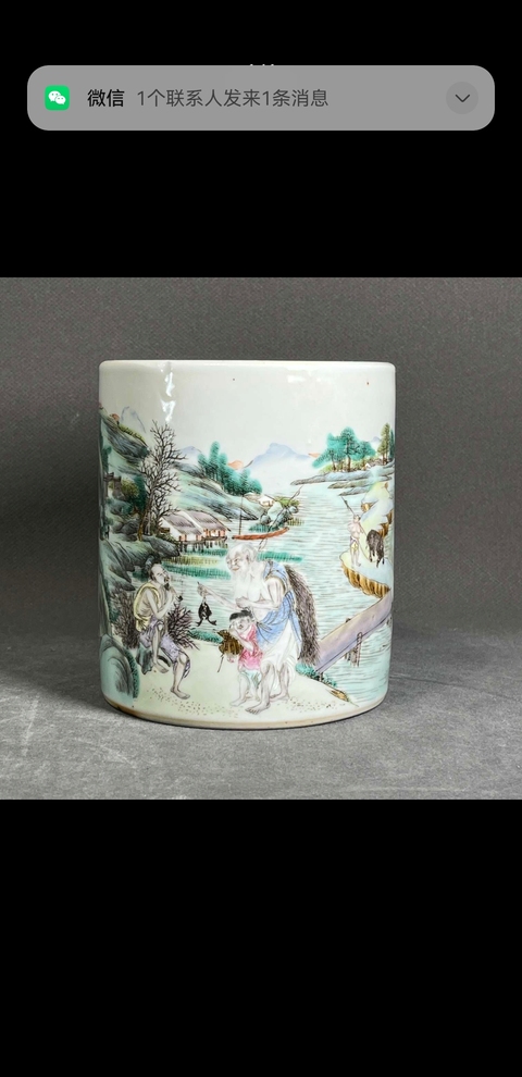 古玩陶瓷粉彩人物故事筆筒真品鑒賞圖