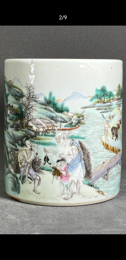 古玩陶瓷粉彩人物故事筆筒真品鑒賞圖