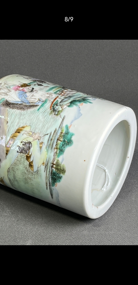 古玩陶瓷粉彩人物故事筆筒真品鑒賞圖