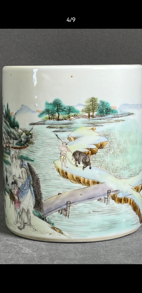 古玩陶瓷粉彩人物故事筆筒真品鑒賞圖