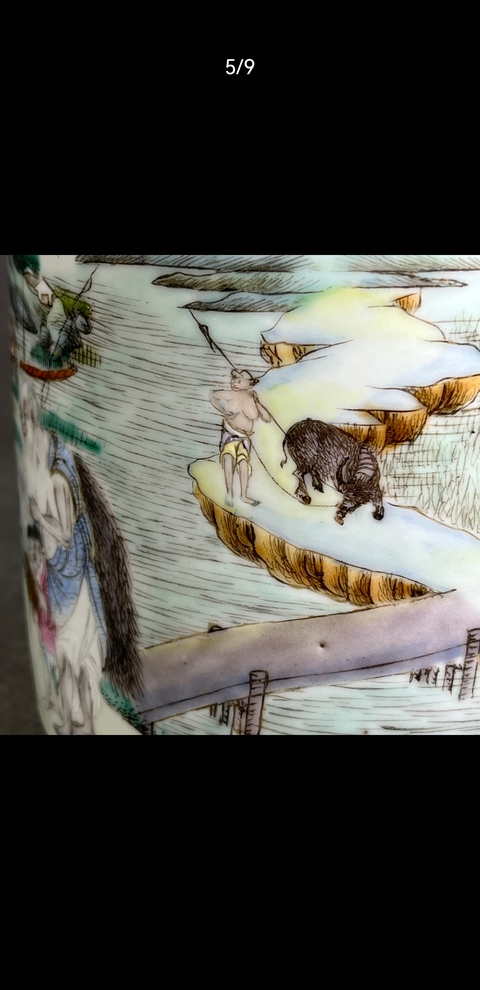 古玩陶瓷粉彩人物故事筆筒真品鑒賞圖