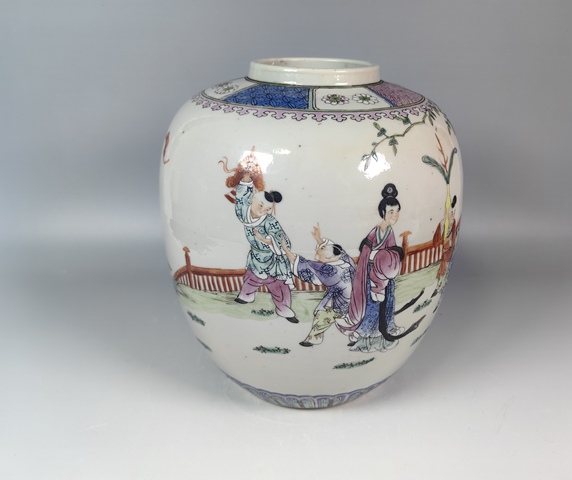 古玩陶瓷民國粉彩四妃十六子粉彩蓋罐真品鑒賞圖