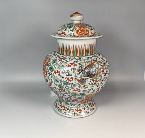 古玩陶瓷晚清五彩鳳穿花紋將軍罐真品鑒賞圖