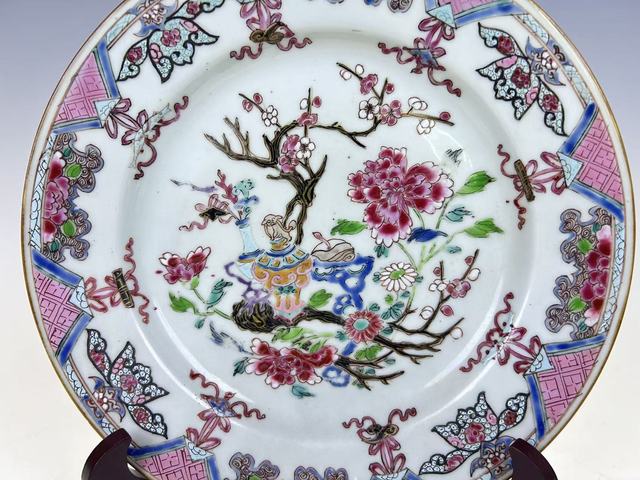 古玩陶瓷清雍正·粉彩清供博古紋折沿盤拍賣，當(dāng)前價格4800元