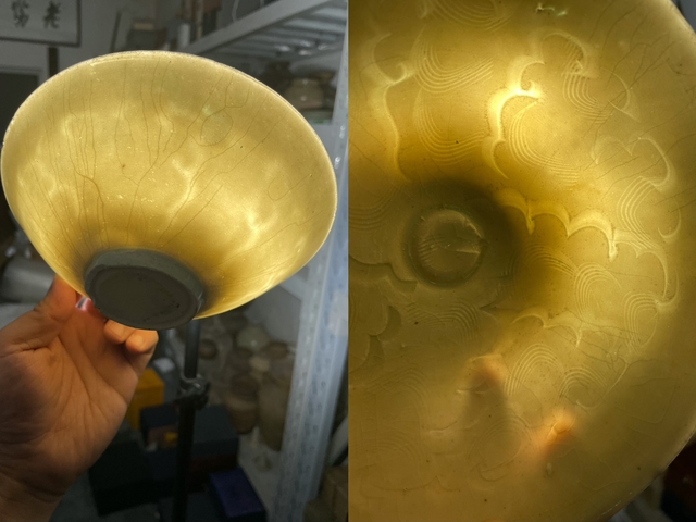 古玩陶瓷湖田窯青白釉刻云花紋斗笠碗真品鑒賞圖