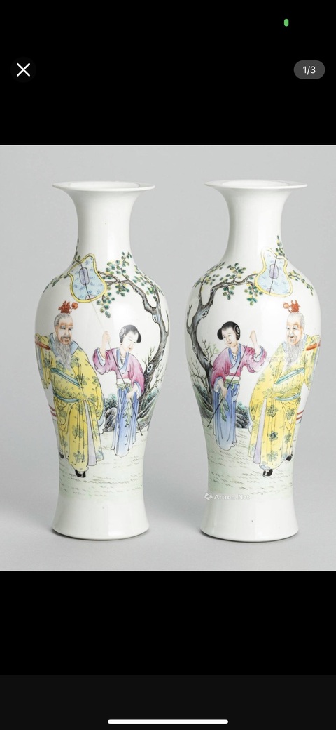 古玩陶瓷粉彩人物故事紋對瓶真品鑒賞圖