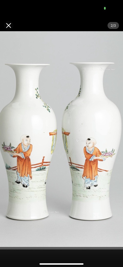 古玩陶瓷粉彩人物故事紋對瓶真品鑒賞圖