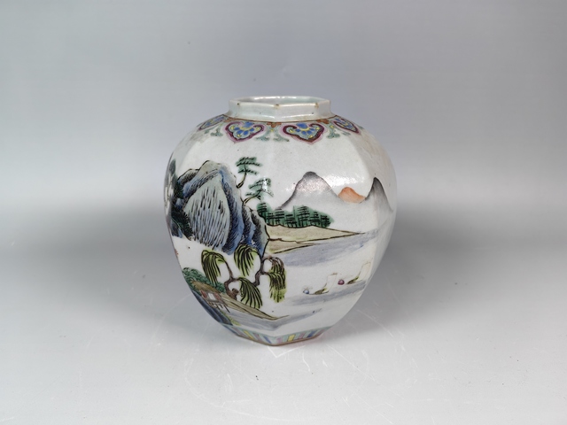 古玩陶瓷晚清民國風景山水人物紋粉彩八方罐真品鑒賞圖