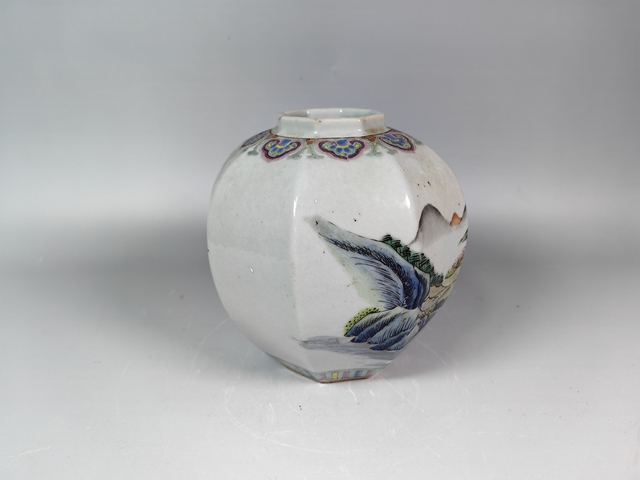 古玩陶瓷晚清民國風景山水人物紋粉彩八方罐真品鑒賞圖