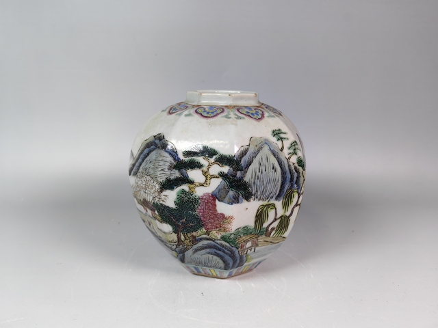 古玩陶瓷晚清民國風景山水人物紋粉彩八方罐真品鑒賞圖