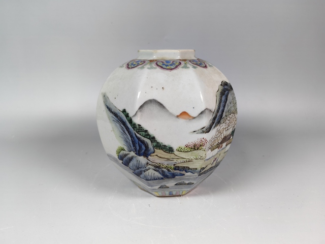 古玩陶瓷晚清民國風景山水人物紋粉彩八方罐真品鑒賞圖