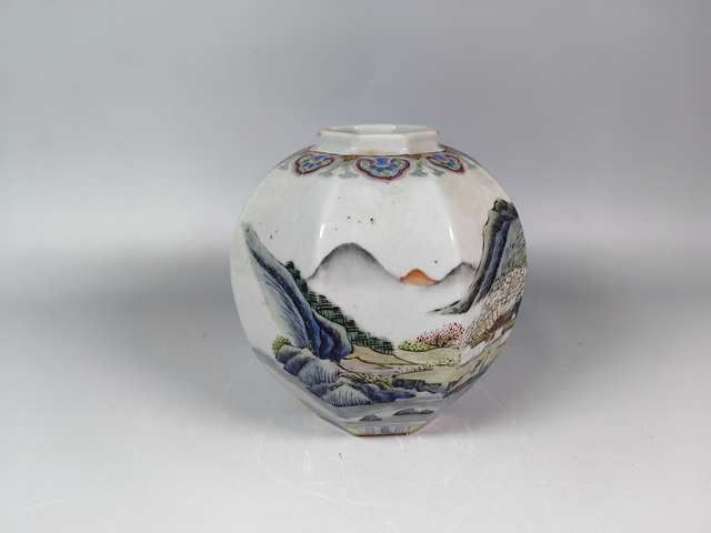 古玩陶瓷晚清民國風景山水人物紋粉彩八方罐真品鑒賞圖