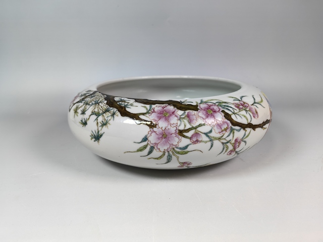 古玩陶瓷民國粉彩桃花池塘翠鳥紋文房水盂真品鑒賞圖