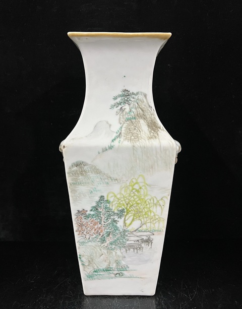 古玩陶瓷淺絳山水花鳥紋詩文四方瓶真品鑒賞圖