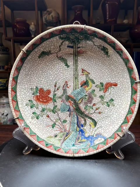 古玩陶瓷哥釉五彩雙鳳牡丹花紋盤真品鑒賞圖