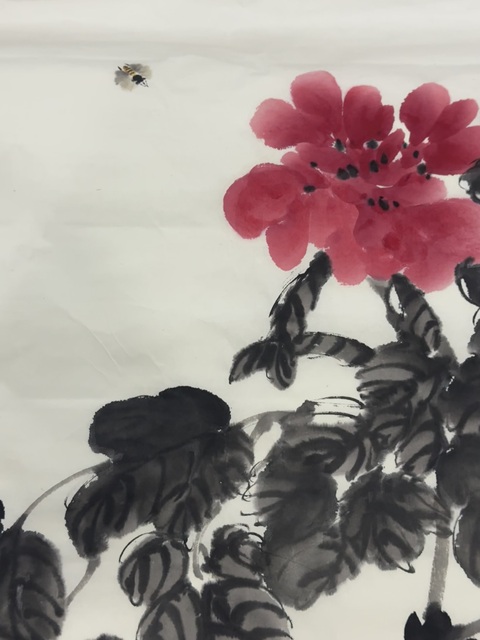 古玩字畫齊慧娟牡丹蜜蜂斗方真品鑒賞圖