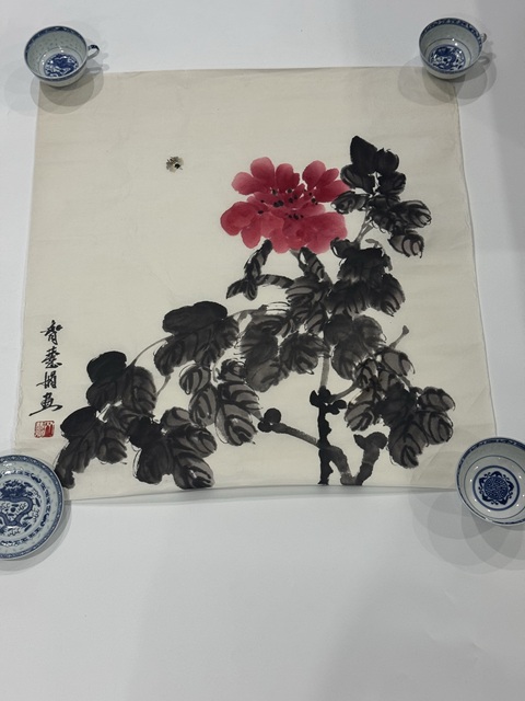 古玩字畫齊慧娟牡丹蜜蜂斗方真品鑒賞圖