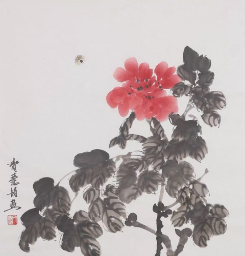 古玩字畫齊慧娟牡丹蜜蜂斗方真品鑒賞圖