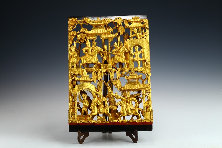 古玩陶瓷清末民初·金漆木雕戲曲人物紋花板真品鑒賞圖