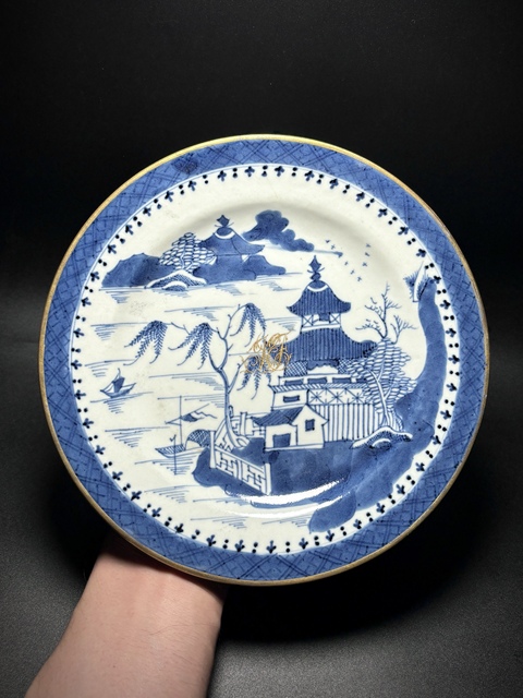 古玩陶瓷青花山水人物折沿盤拍賣，當前價格988元