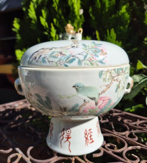 古玩陶瓷許品衡款淺絳彩花鳥紋四系高樁暖鍋真品鑒賞圖