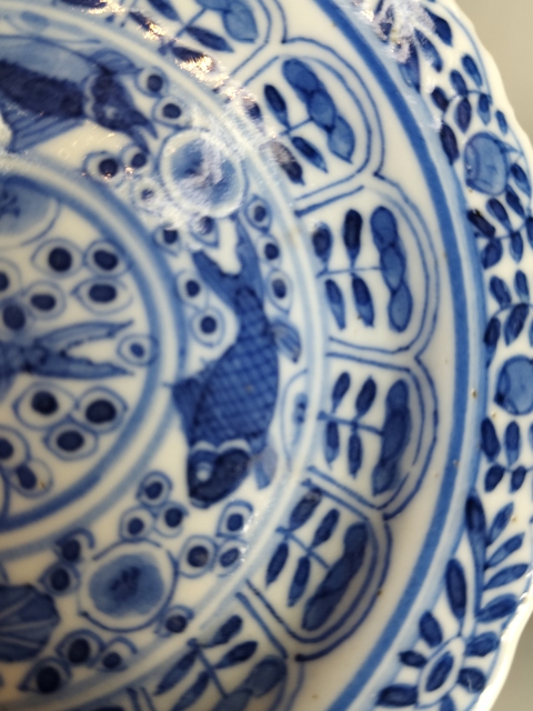 古玩陶瓷清晚期-青花鯉桂鏈鳙圖花口盤拍賣，當前價格1369元