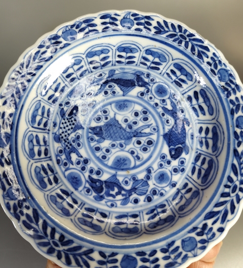 古玩陶瓷清晚期-青花鯉桂鏈鳙圖花口盤拍賣，當前價格1369元