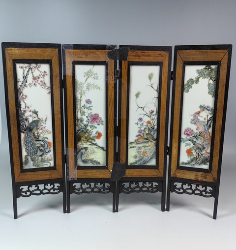 古玩陶瓷民國四季花卉鳥紋粉彩四條屏真品鑒賞圖