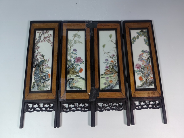 古玩陶瓷民國四季花卉鳥紋粉彩四條屏真品鑒賞圖