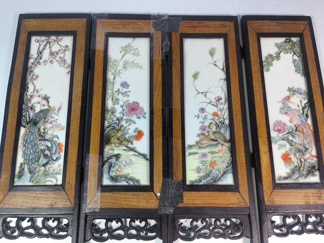 古玩陶瓷民國四季花卉鳥紋粉彩四條屏真品鑒賞圖