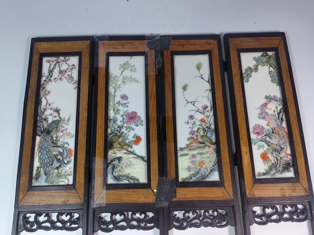 古玩陶瓷民國四季花卉鳥紋粉彩四條屏真品鑒賞圖
