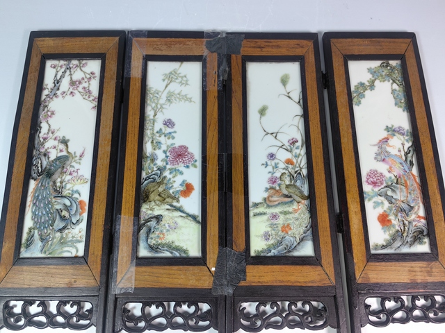 古玩陶瓷民國四季花卉鳥紋粉彩四條屏真品鑒賞圖