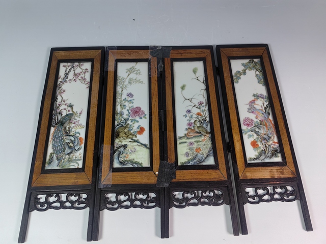 古玩陶瓷民國四季花卉鳥紋粉彩四條屏真品鑒賞圖