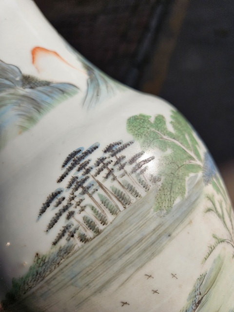 古玩陶瓷粉彩山水紋花觚真品鑒賞圖