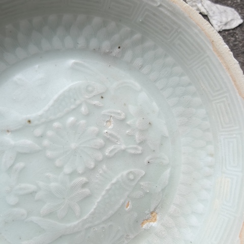 古玩陶瓷青白釉模印魚藻紋盤真品鑒賞圖